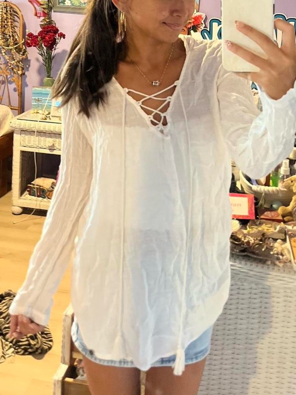 Billabong White Lace-Up V-Neck Lightweight Tunic